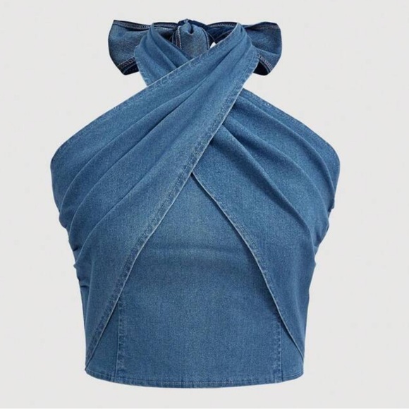 Tops - Denim halter top cropped jean shirt bustier 6 bow western rodeo fair cowgirl S M